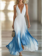 Elegant And Flowing V-Neck Pleated Chiffon Blue Gradient White Maxi Dress
