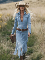Retro Western Lapel Zipper Long Sleeve Tassel Midi Dress
