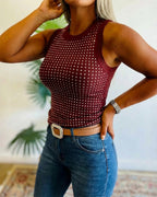 Rhinestone Decor O-neck Sleeveless Tee Slim Fit Ribbed Tank Top